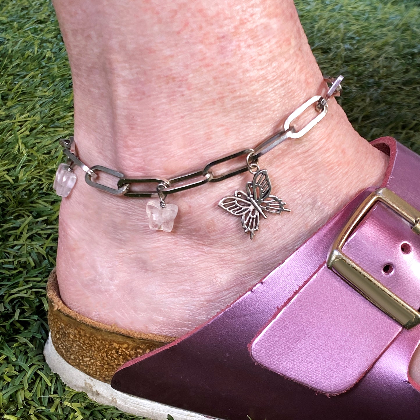 Rose Quartz gemstone Butterfly Anklet