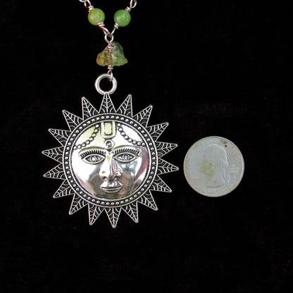 Peridot gemstone beaded necklace with Sun pendant