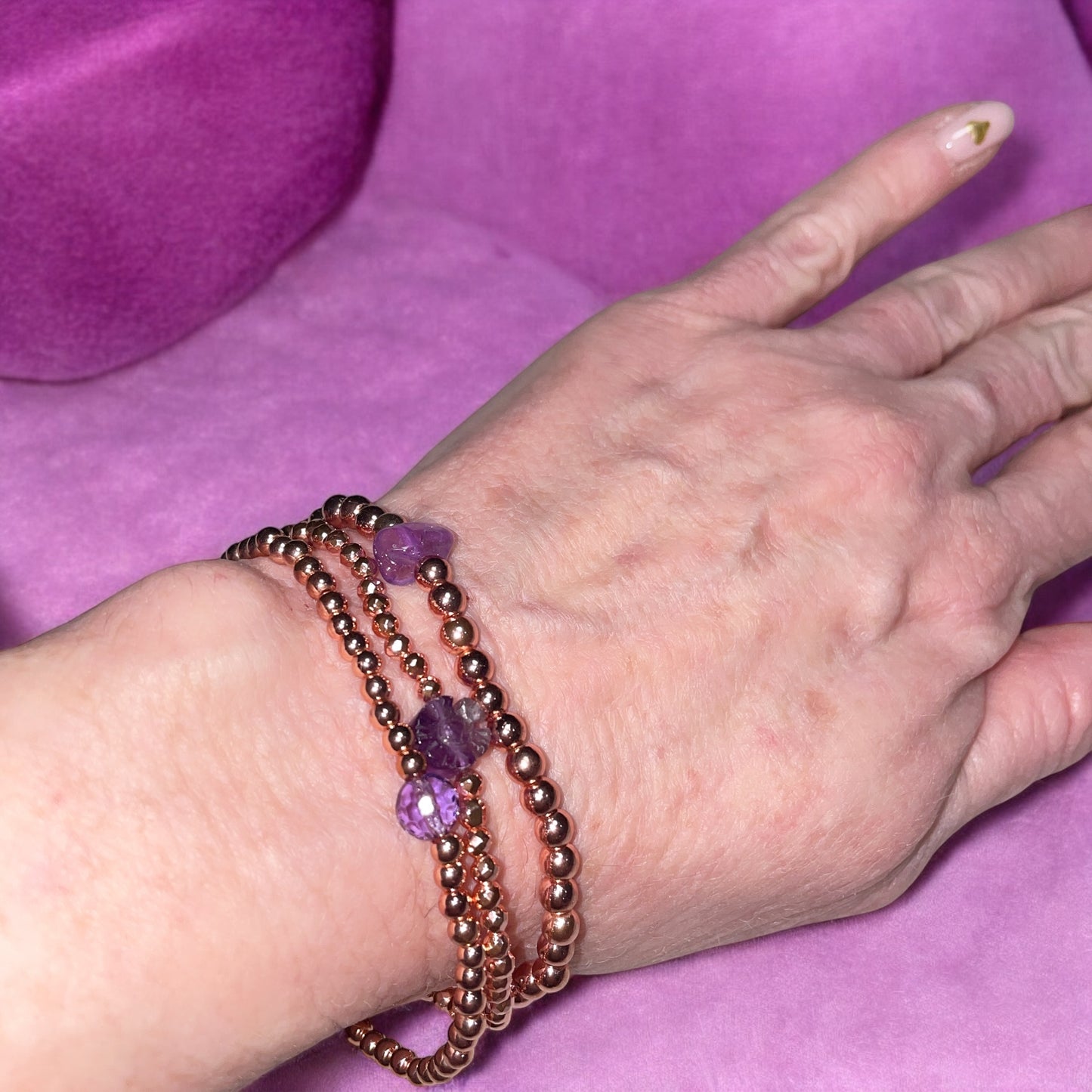 Dainty Amethyst Flower and  Rose Hematite Bracelet Stack