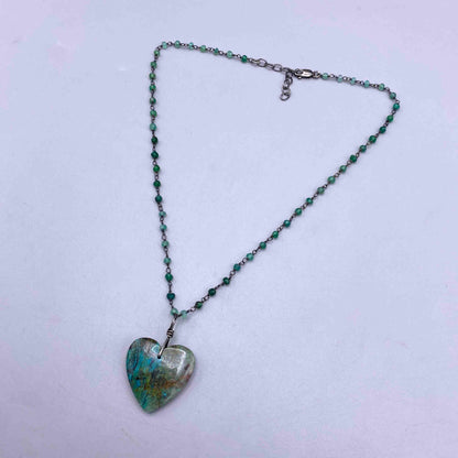 Chrysocolla Heart on Sterling Silver wrapped Green Onyx