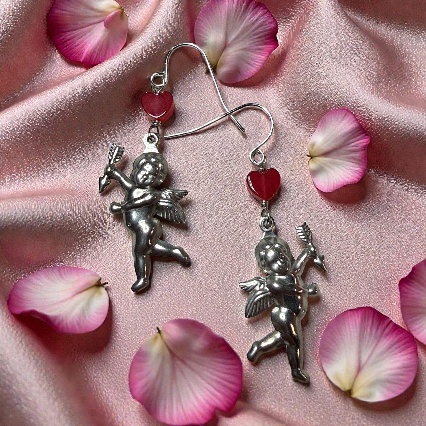 Cupid and Red Jade Heart Earrings