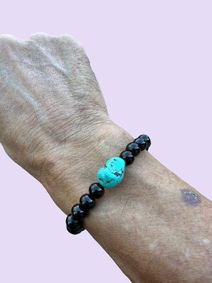 Turquoise and Stainless Steel Beaded Stretch Bracelet