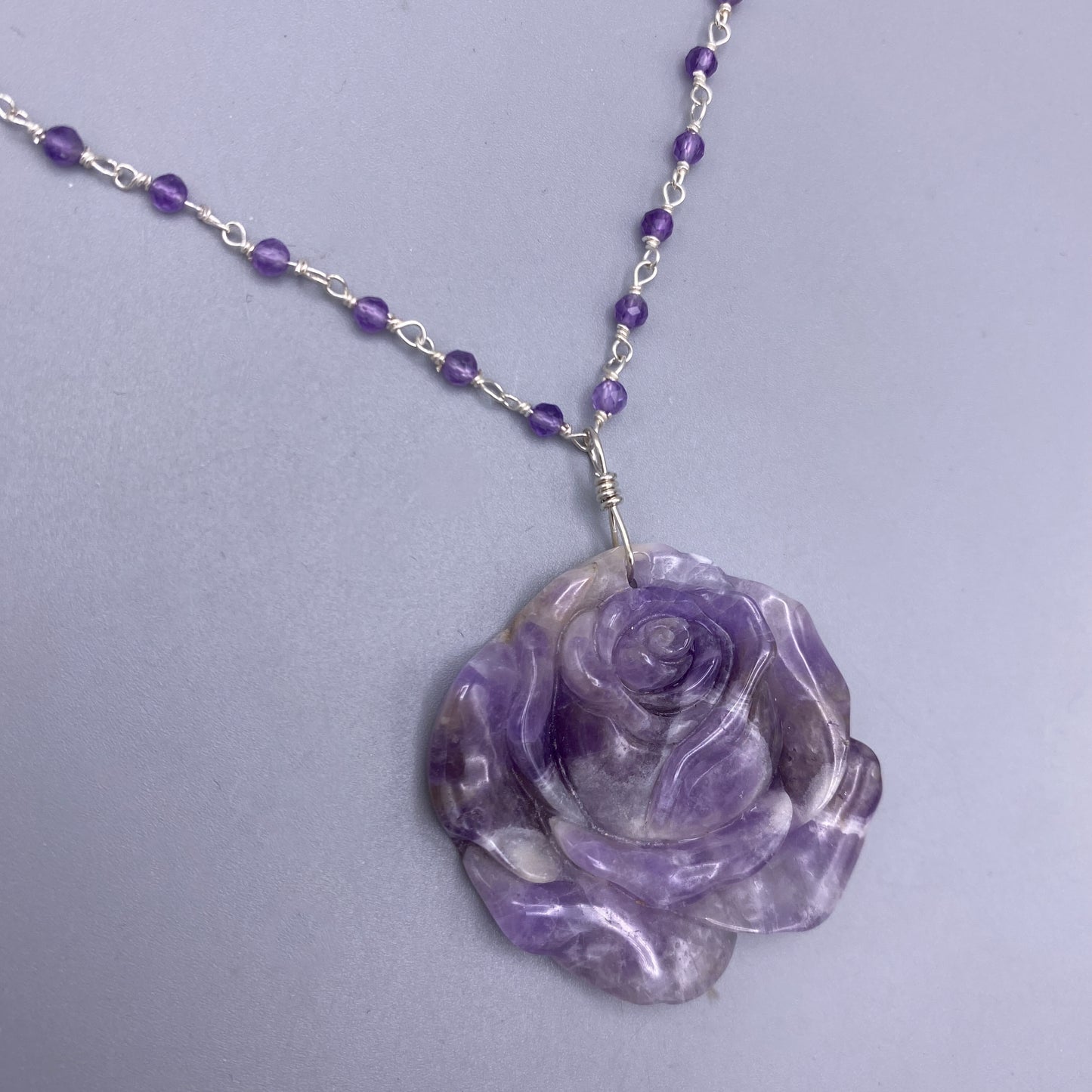 Amethyst Rose Pendant on Beaded Chain