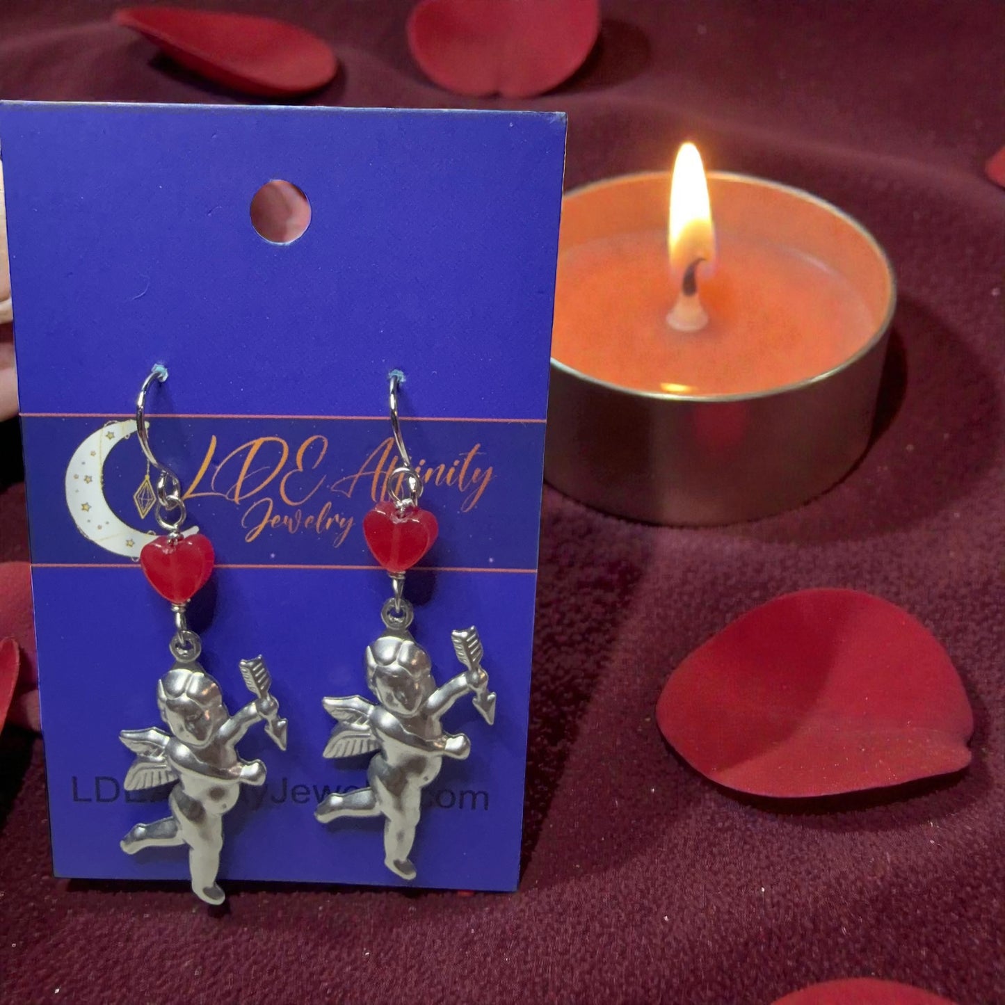 Cupid and Red Jade Heart Earrings