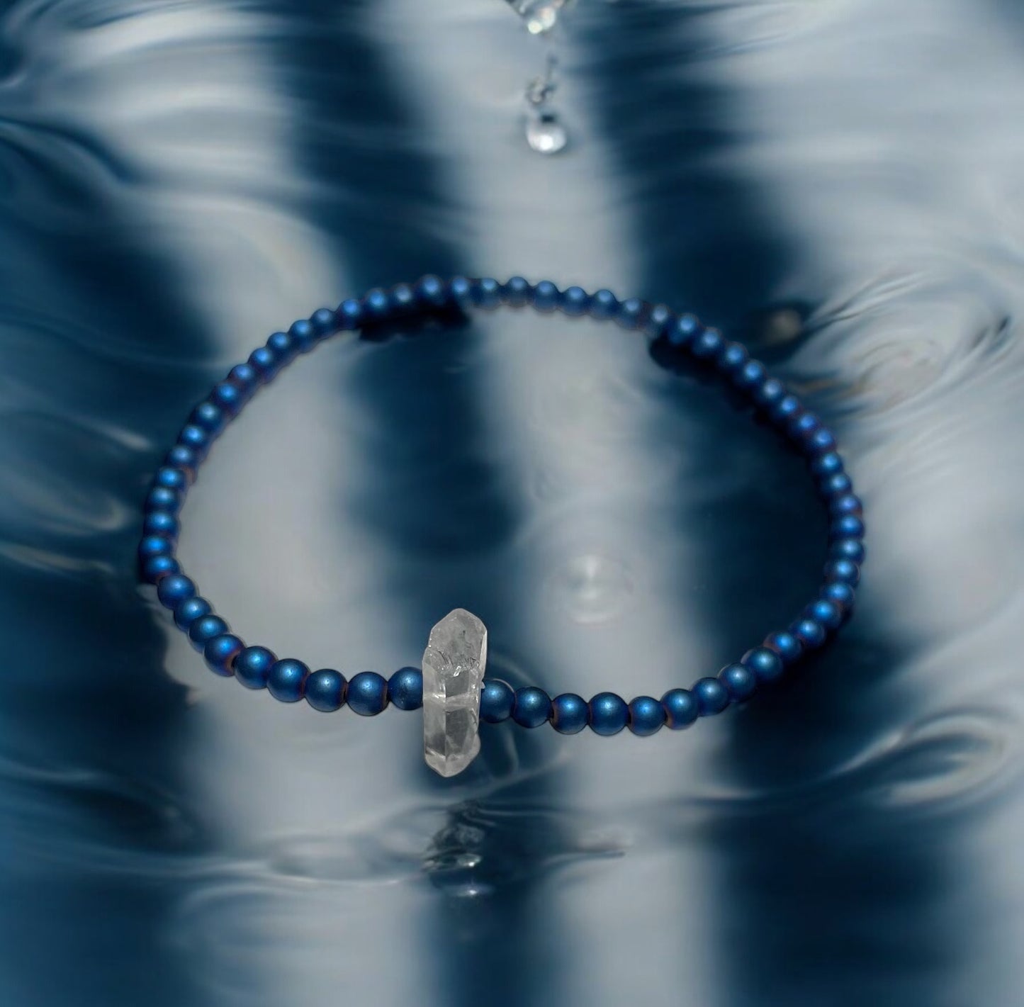 Dainty Blue Hematite and Quartz Beaded Stretch Bracelet