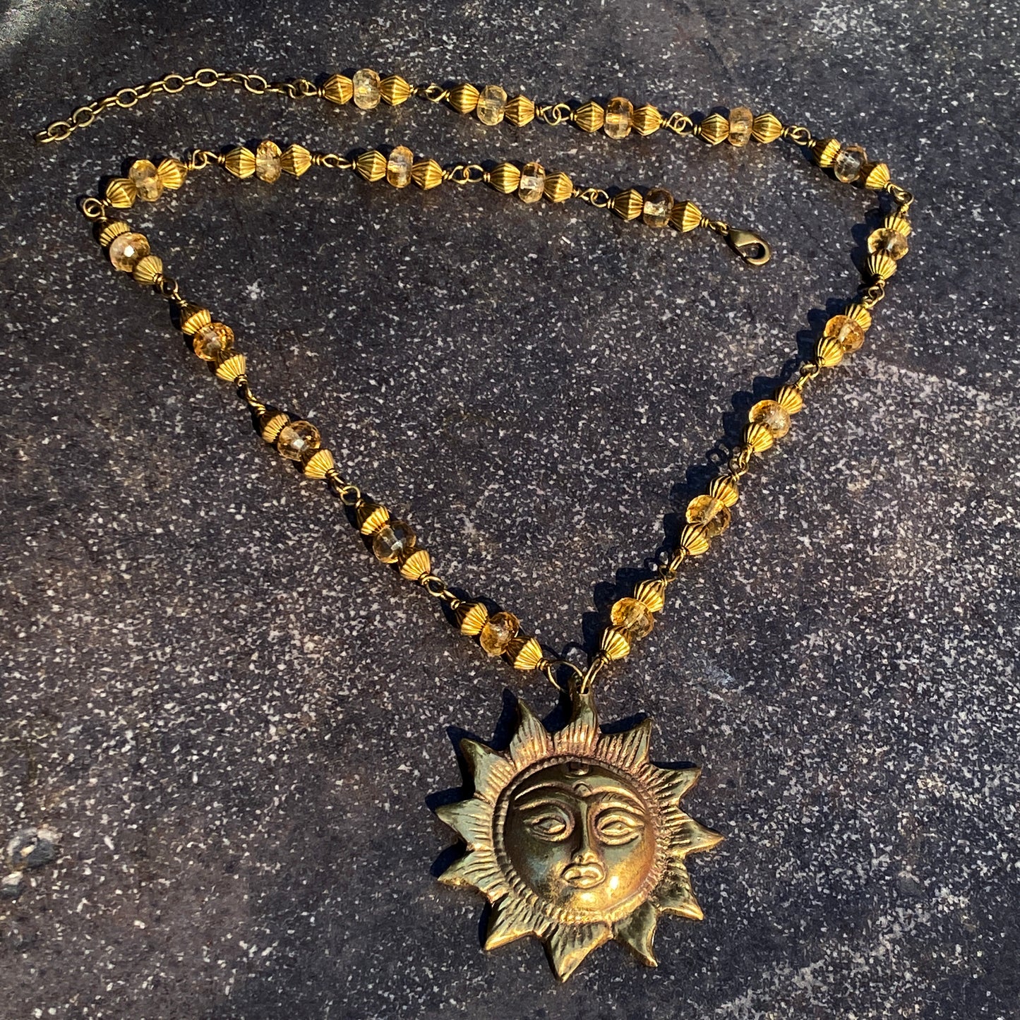 Brass Sun and Citrine Necklace