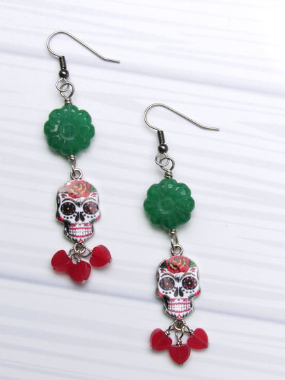 Sugar Skull with Red and Green Jade dangle earrings