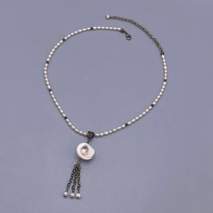 Shell Pendant Tassel on Pearl Beaded Necklace