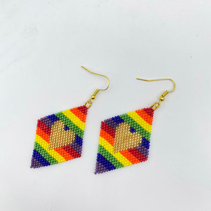 Beaded Glass Heart Pride Rainbow Earrings
