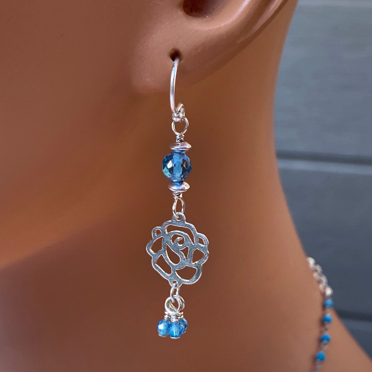 Blue Topaz and Rose Earrings