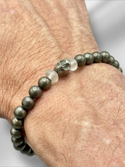 Pyrite Skull and Quartz Beaded Bracelet