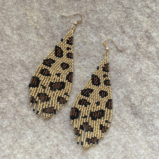 Leopard Print Seed Glass Bead fringe Earrings