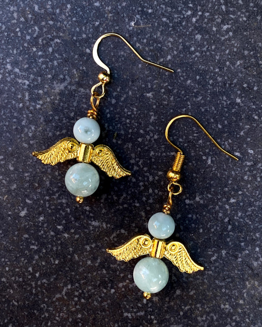 Green Moonstone Angel Dangle Earrings