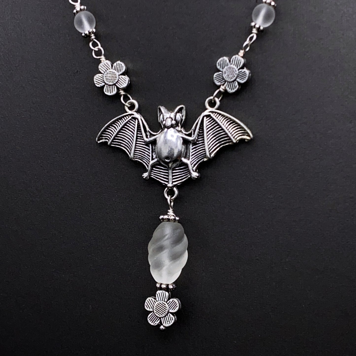 Clear Quartz gemstone crystals bat pendant Halloween Necklace