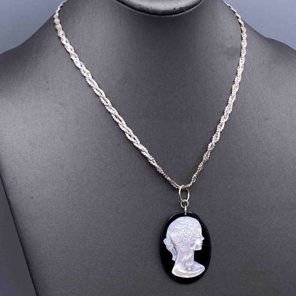 Onyx and Mother of Pearl Cameo on Repurposed Vintage Silver Chain