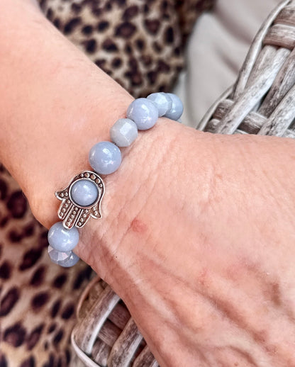 Angelite and Hamsa Beaded Bracelet