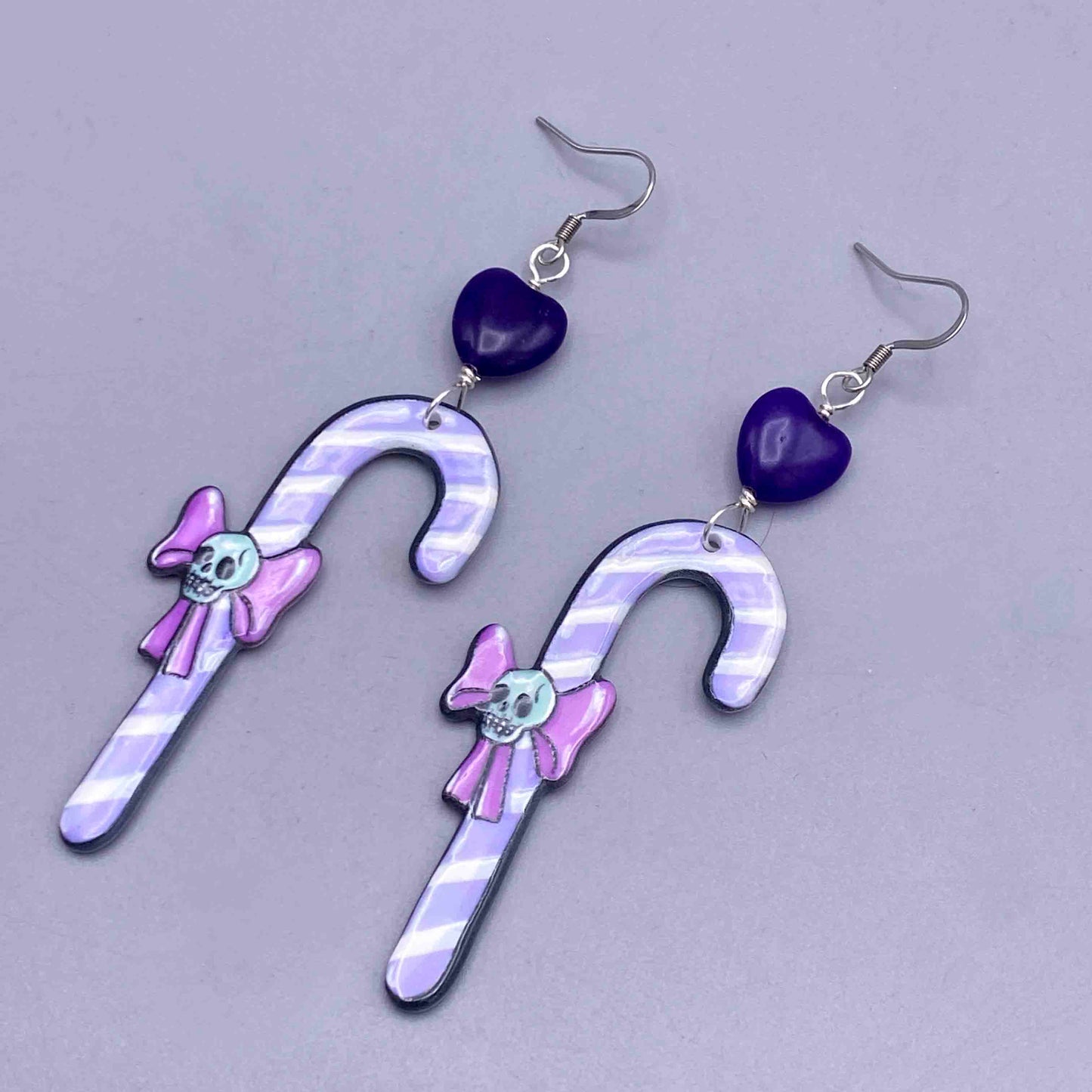 Amethyst heart and Candy dangle cane earrings