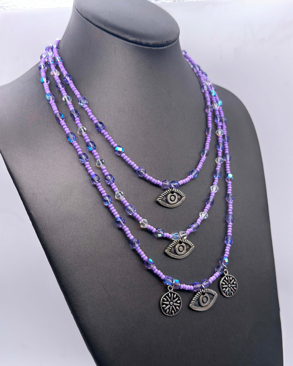Three strand Glass Beaded Necklace with Evil eye