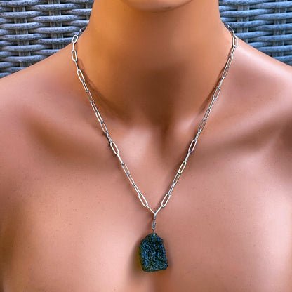 Moldavite Pendant on stainless steel chain necklace.