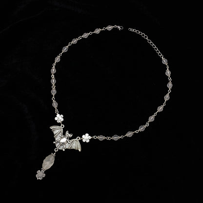 Clear Quartz gemstone crystals bat pendant Halloween Necklace