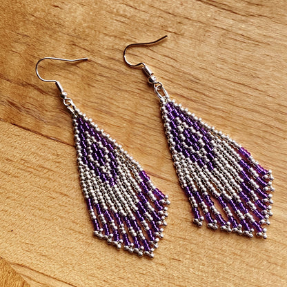 Purple Seed Bead Fringe Earrings