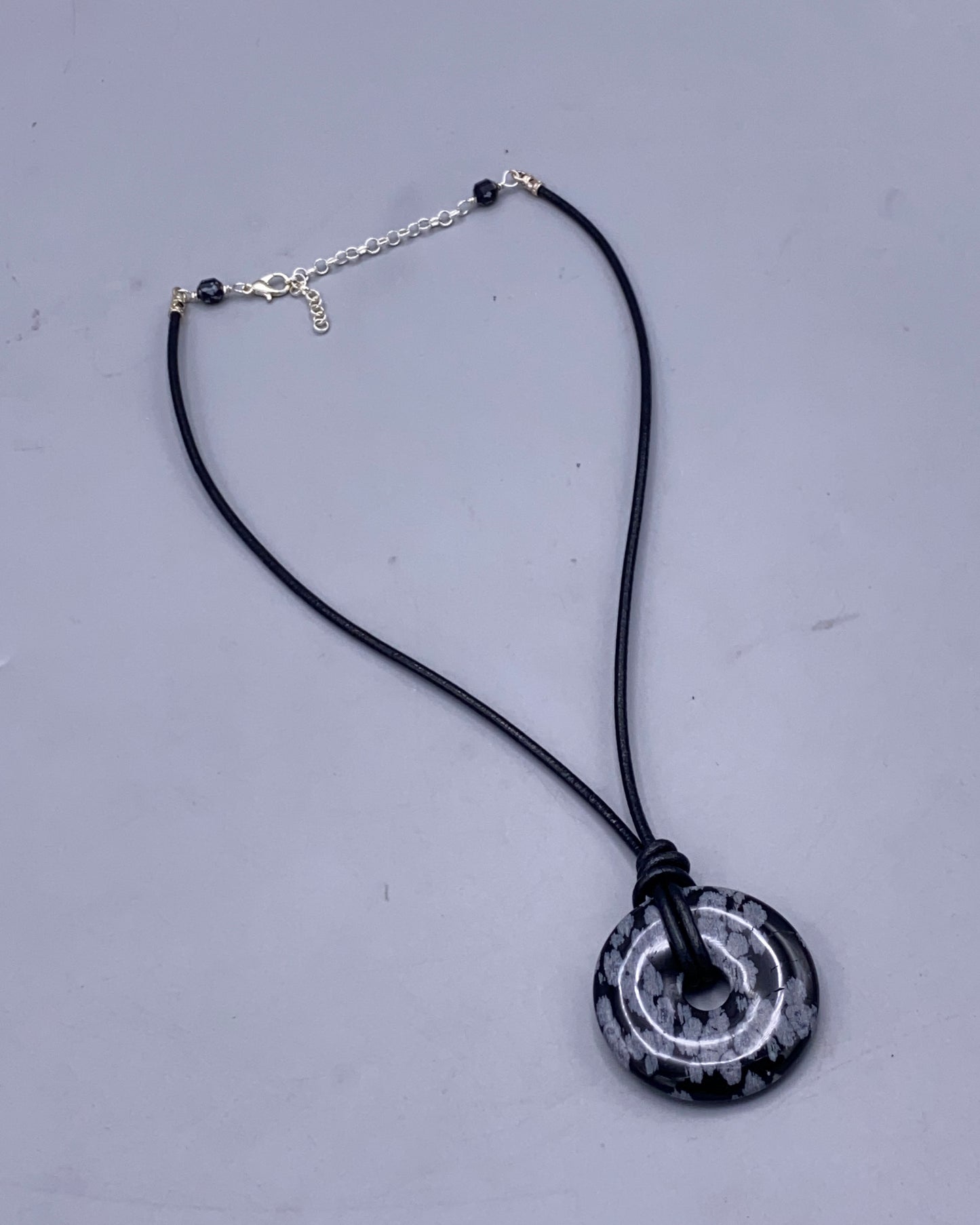 Sbowflake Obsidian Gemstone Donut and Leather Necklace
