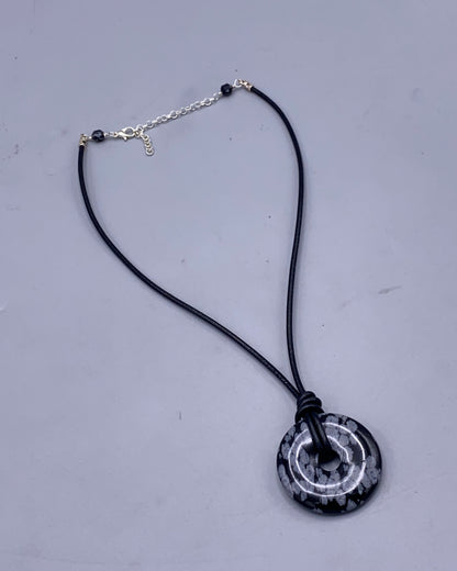 Sbowflake Obsidian Gemstone Donut and Leather Necklace