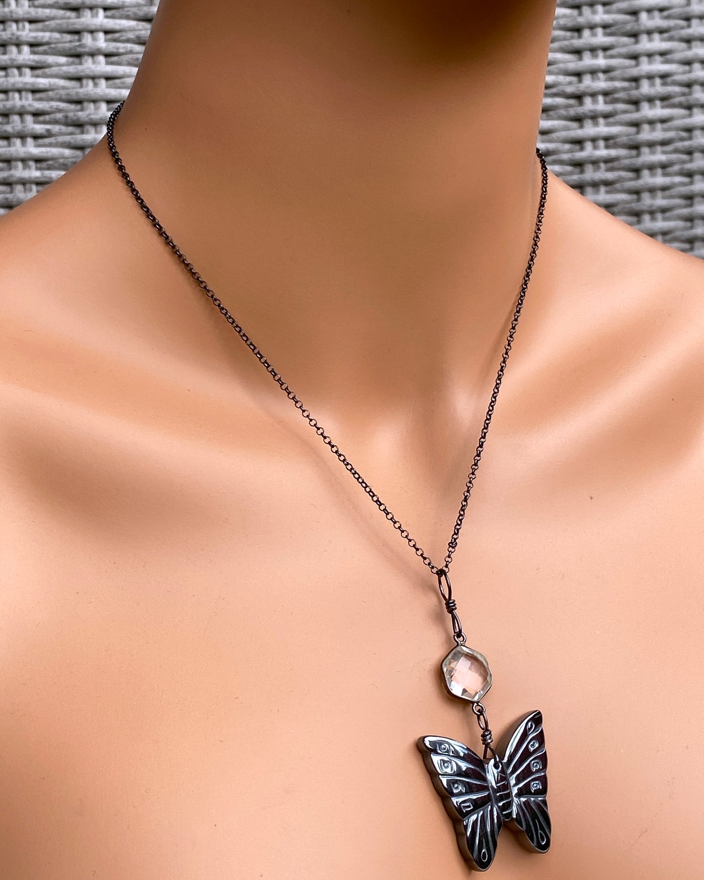 Hematite Butterfly and Quartz necklace