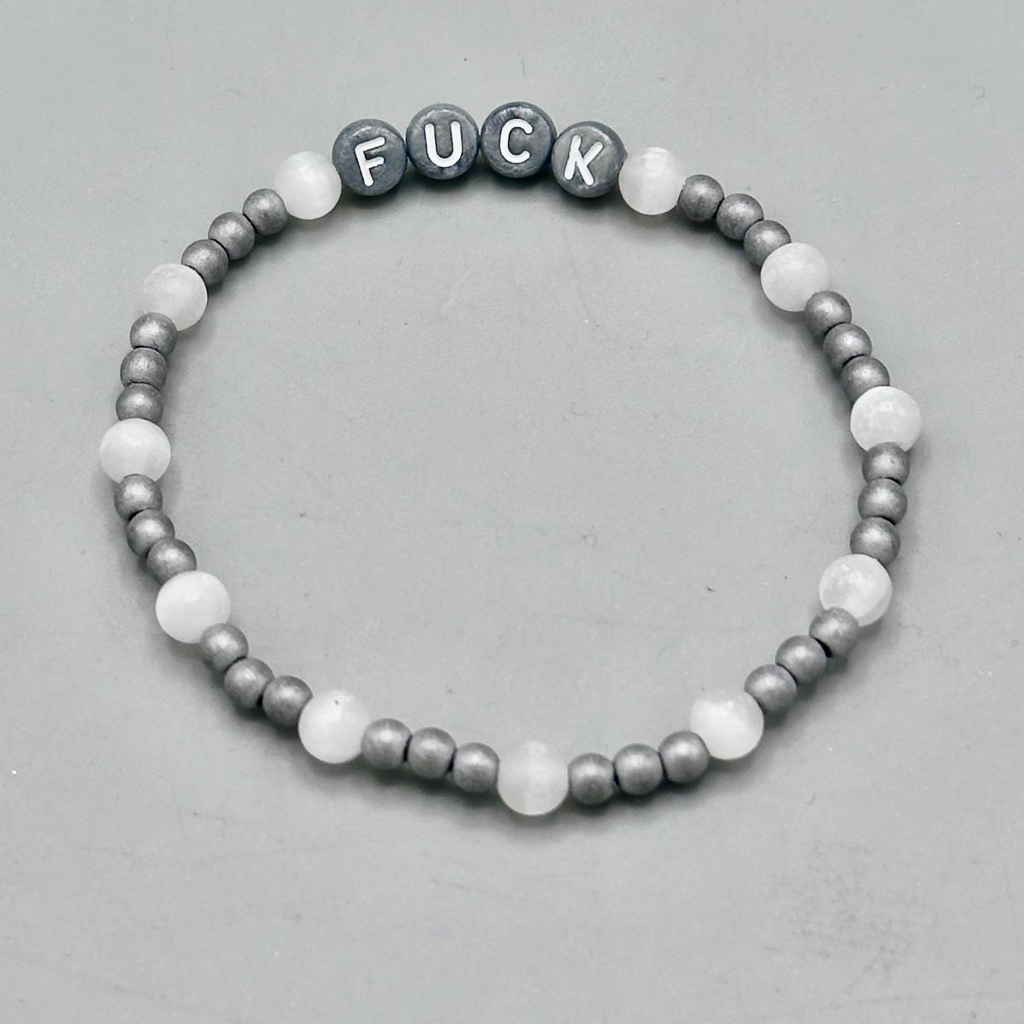 Hematite and Selenite “Fuck” Bracelet