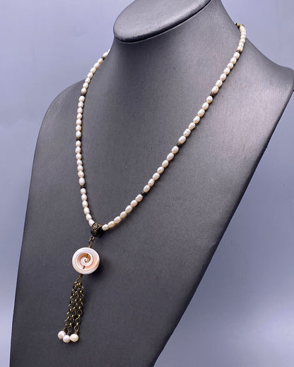 Shell Pendant Tassel on Pearl Beaded Necklace