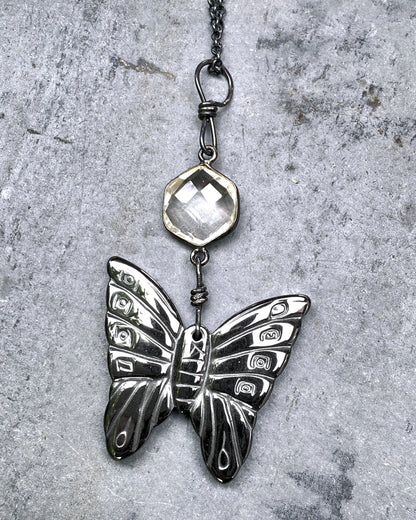 Hematite Butterfly and Quartz gemstone on sterling silver chain necklace