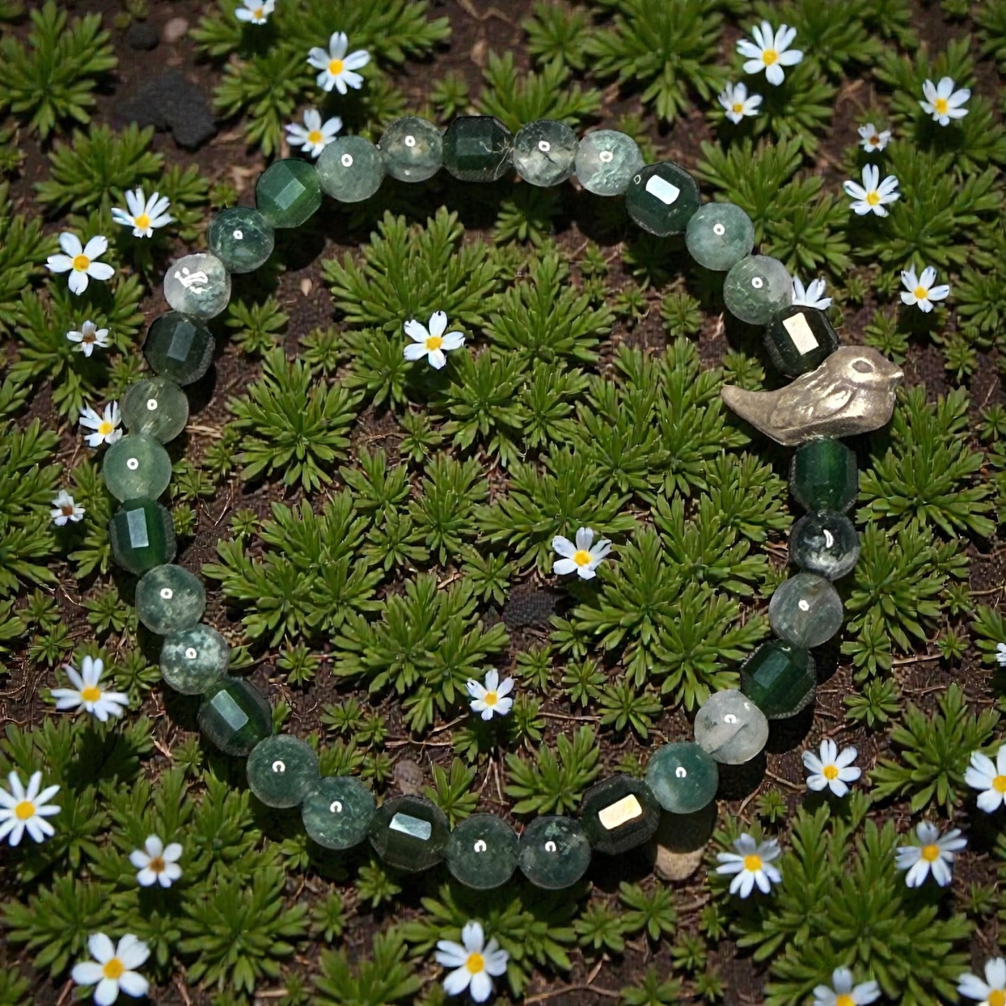 Moss Agate Gemstone and bird bracelet