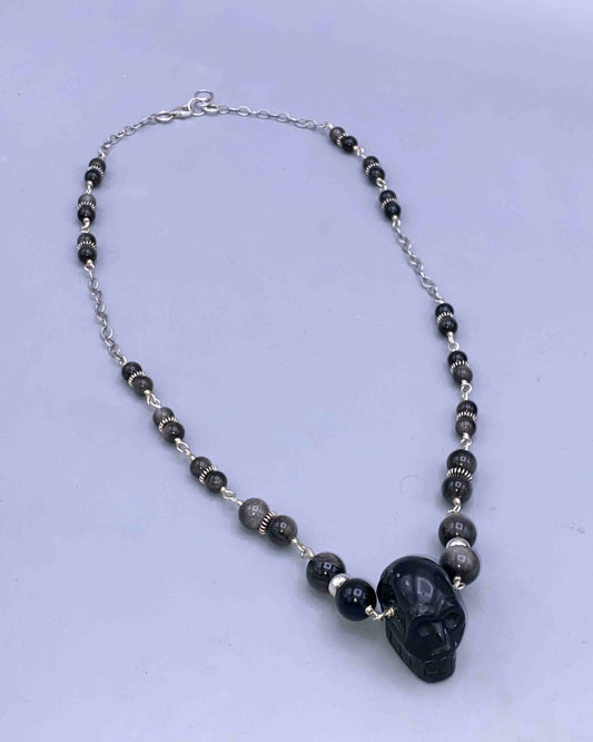 Black Obsidian and Silver Obsidian Skull Necklace