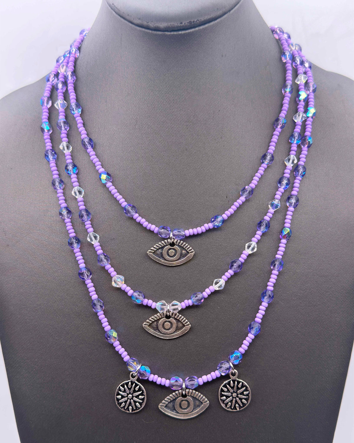 Three strand Glass Beaded Necklace with Evil eye