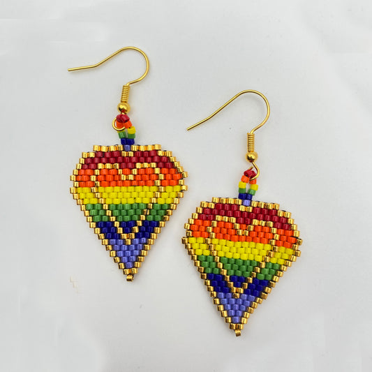 Beaded Glass Heart Pride Rainbow Earrings