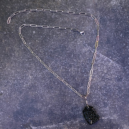 Moldavite Pendant on stainless steel chain necklace.