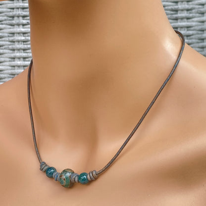 Tibetan Agate and Green Agate Leather Necklace