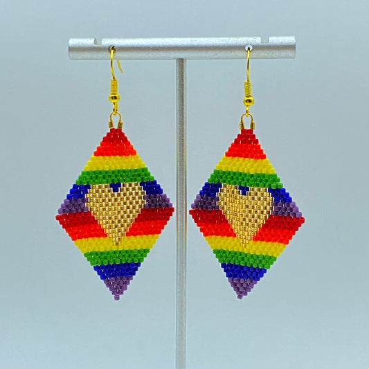 Beaded Glass Heart Pride Rainbow Earrings