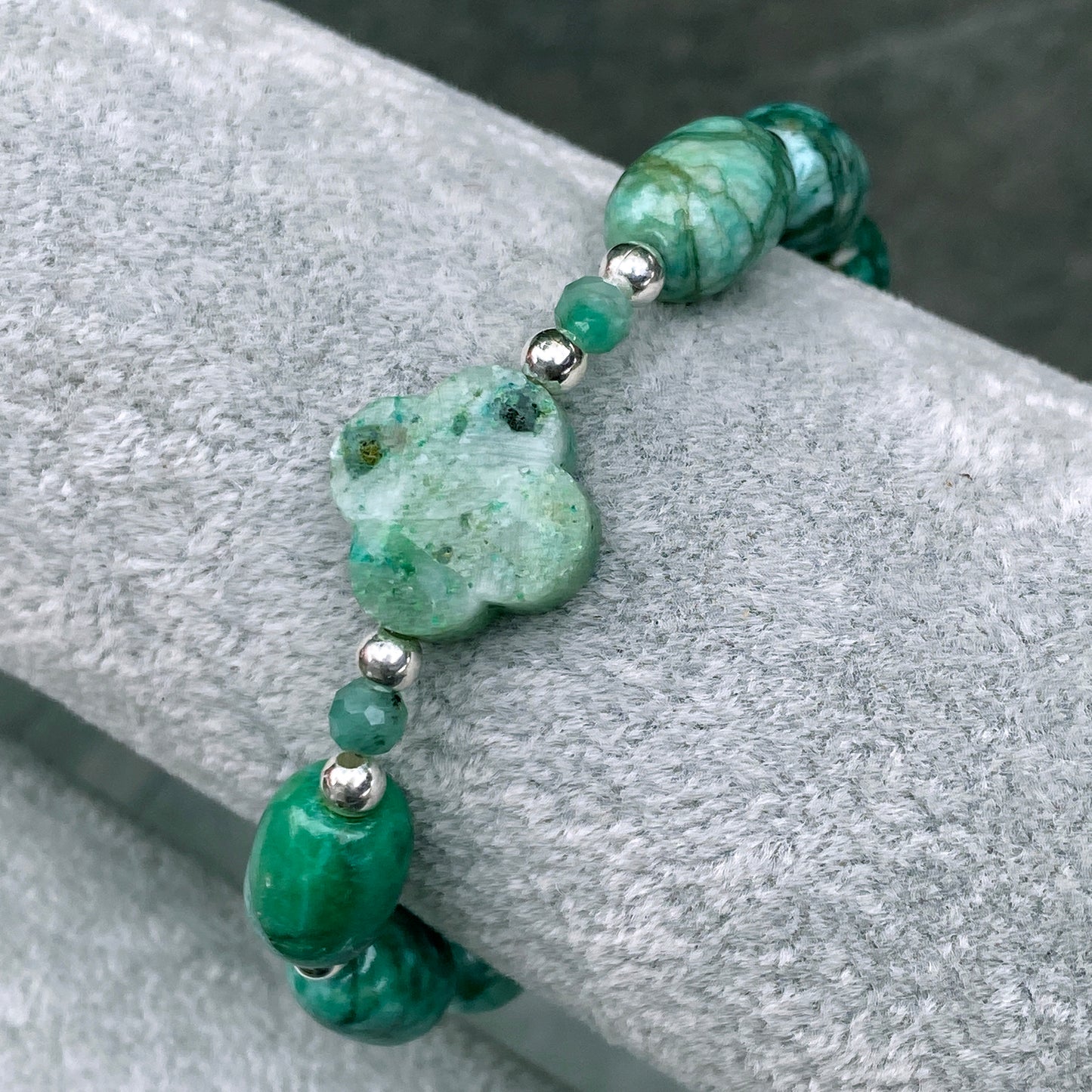 Chrysocolla Clover and Emerald gemstone Beaded Stretch Bracelet