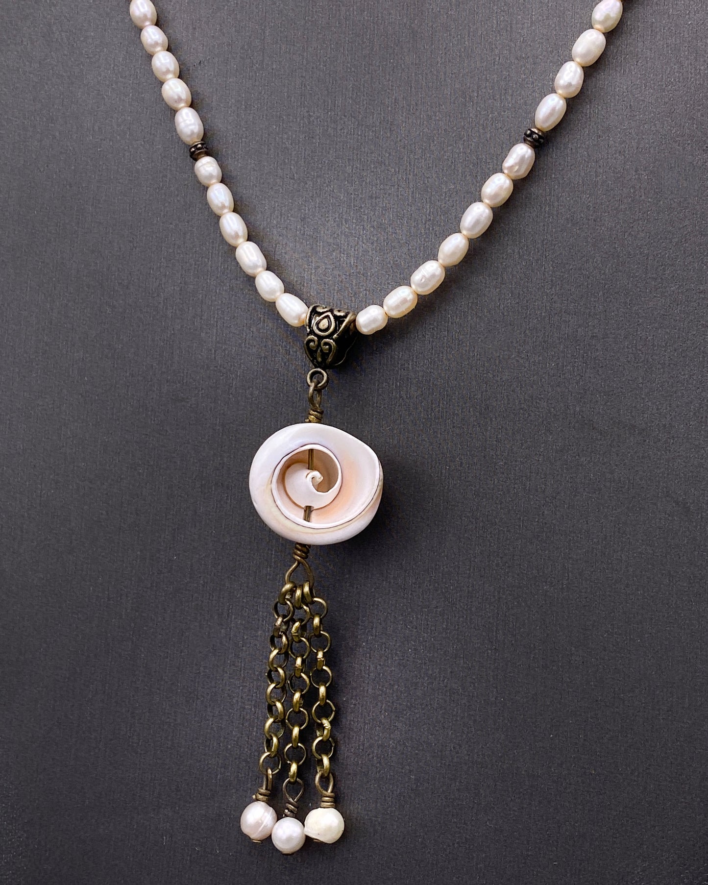 Shell Pendant Tassel on Pearl Beaded Necklace