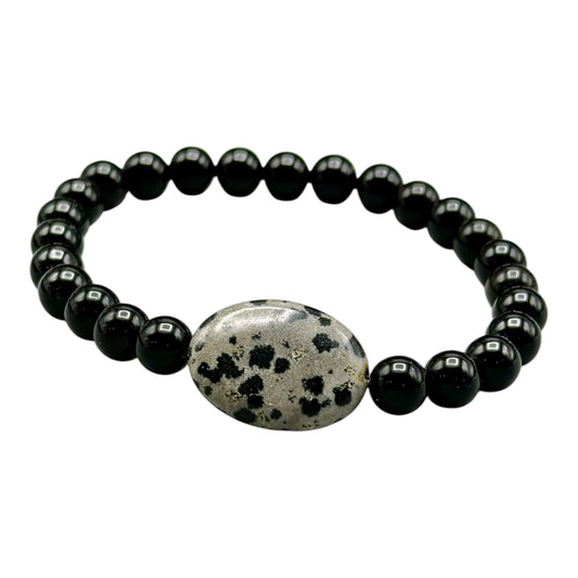 Onyx and Dalmatian Jasper Beaded Gemstone Bracelet