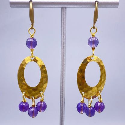 Amethyst and Brass Chandelier Dangle Earrings