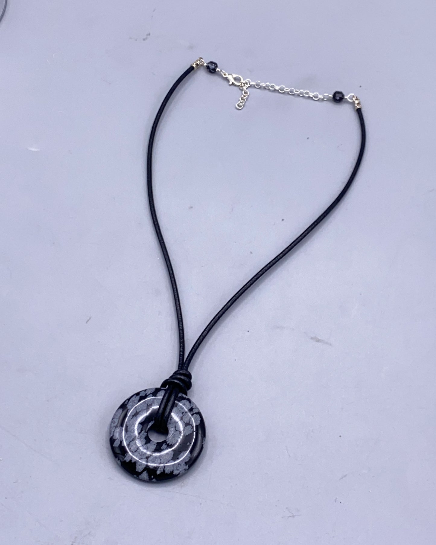 Sbowflake Obsidian Gemstone Donut and Leather Necklace