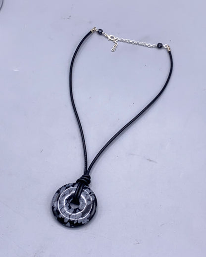Sbowflake Obsidian Gemstone Donut and Leather Necklace