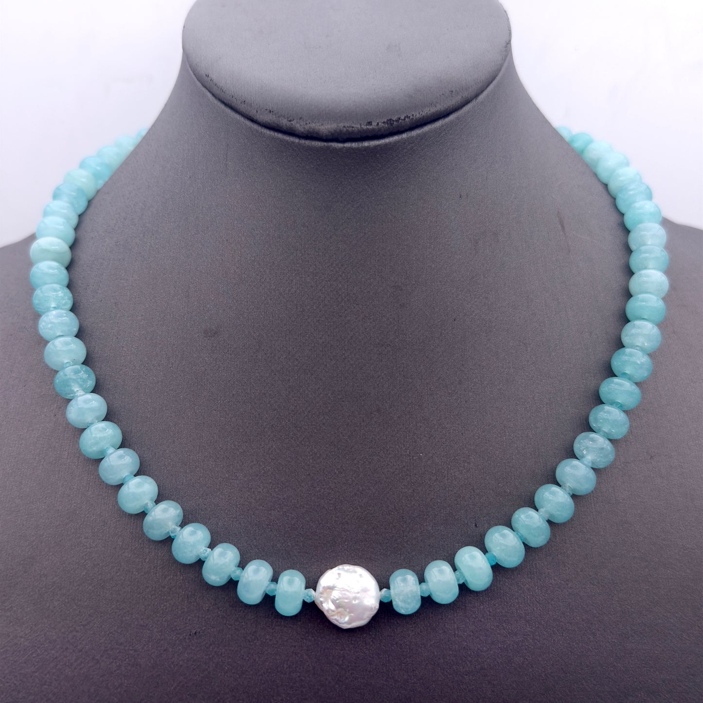 Candy Jade, Amazonite Gemstone, and Pearl beaded Necklace