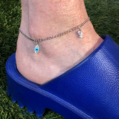 Evil Eye pearl and steel chain Anklet