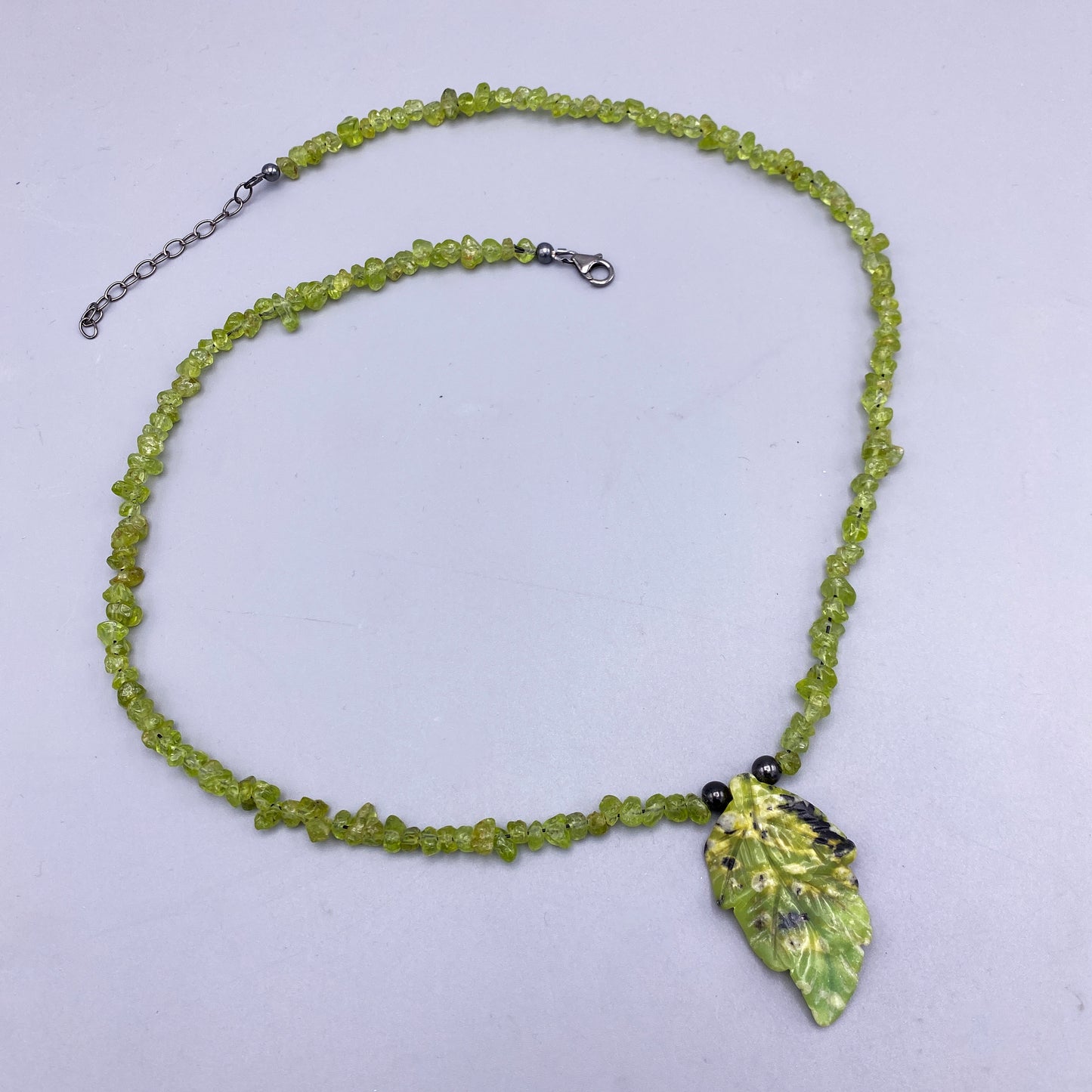 Chrysoprase gemstone carved Leaf with Peridot gemstone Beaded Necklace