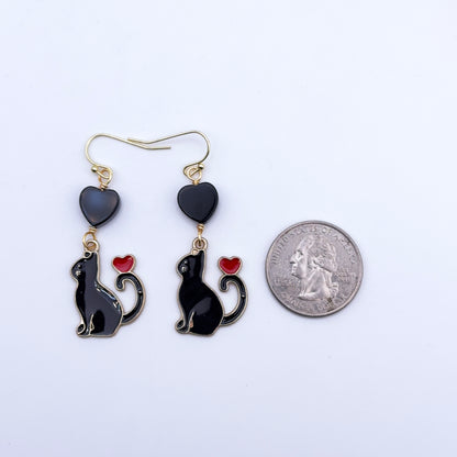Black Cat and Onyx Gemstone Heart Earrings