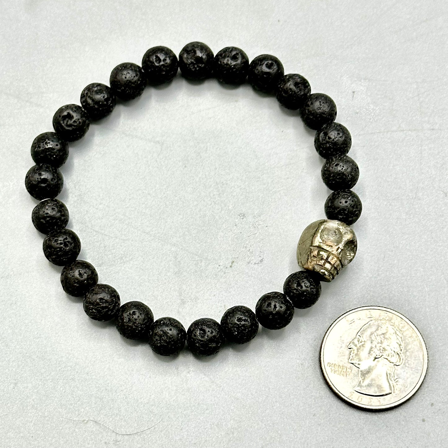 Pyrite gemstone Skull and Lava Stone Bracelet