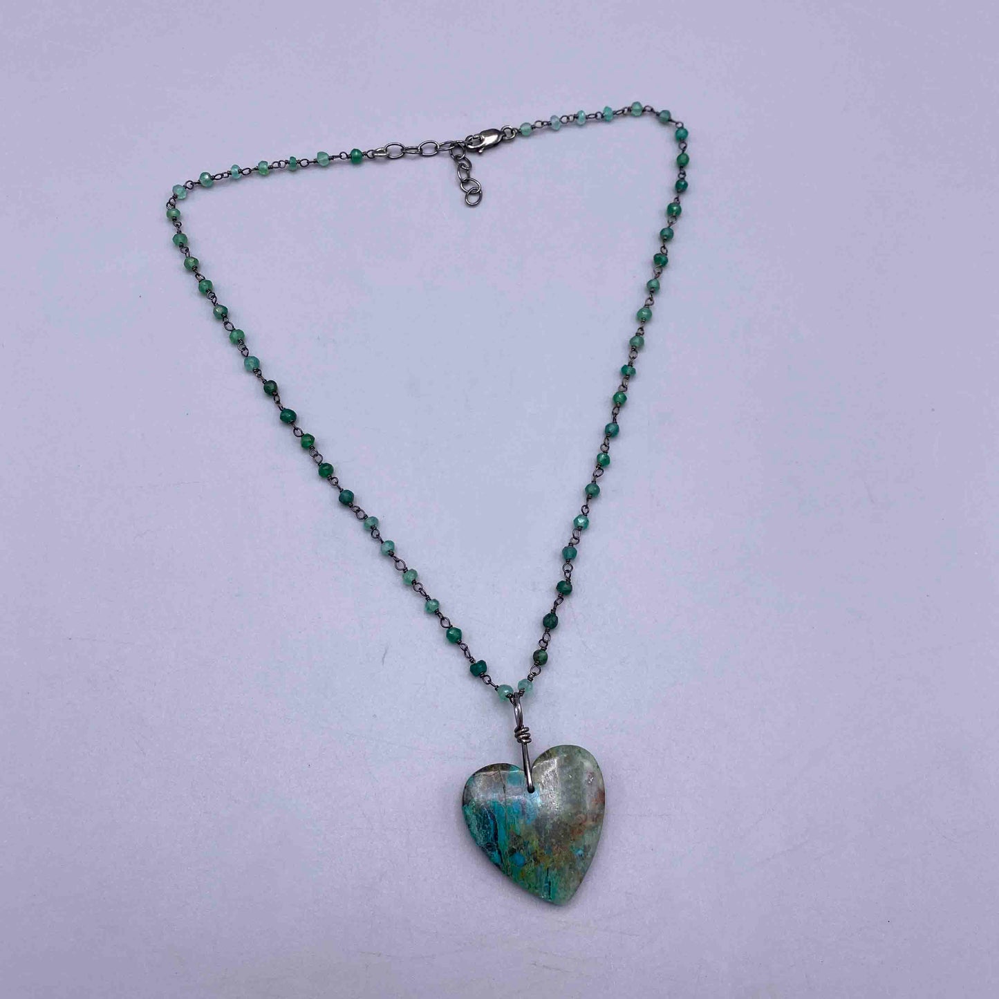 Chrysocolla Heart on Sterling Silver wrapped Green Onyx